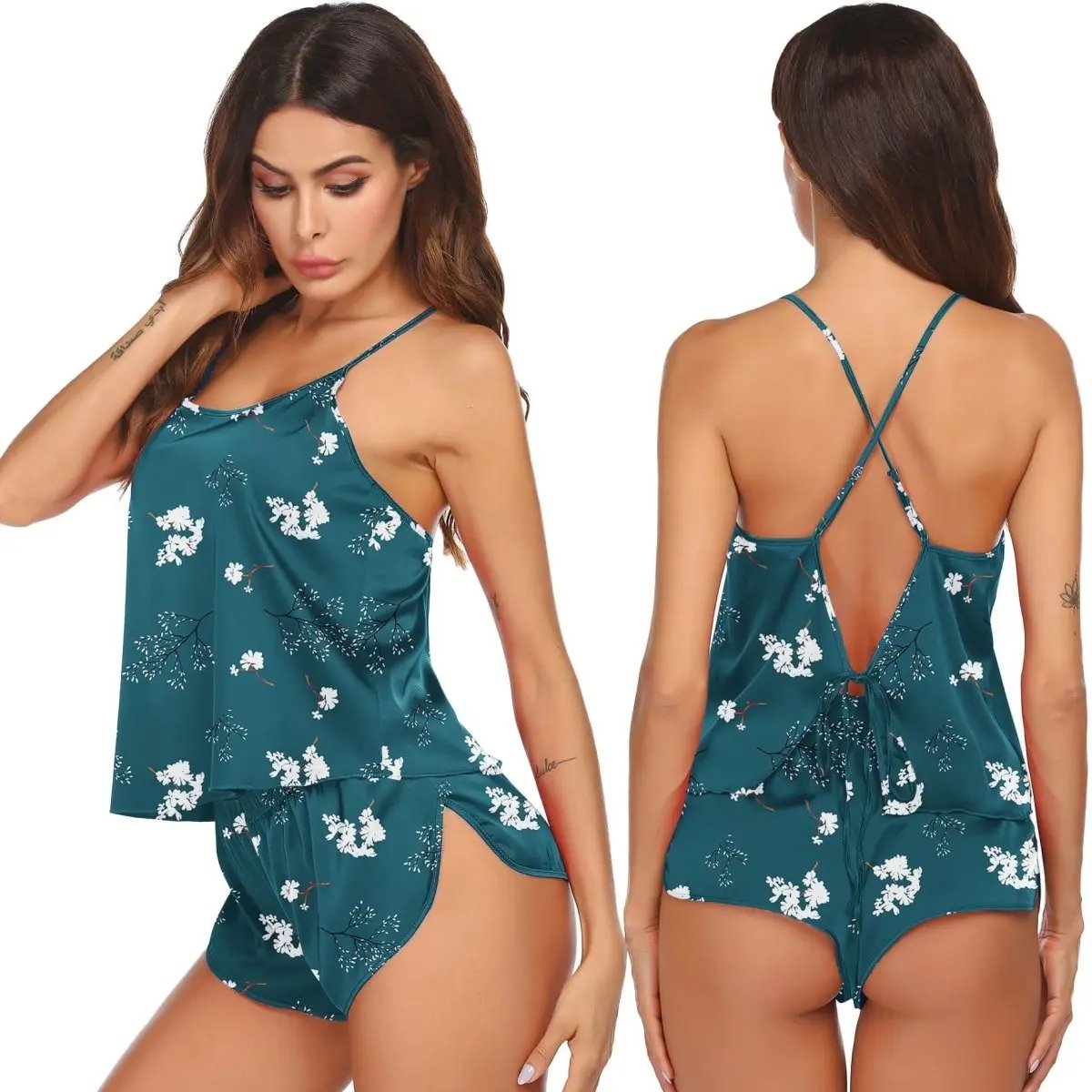 Silk Pajamas Set for Women Satin Backless Lingerie Pjs Cami Top and Shorts Nightwear - Love Salve